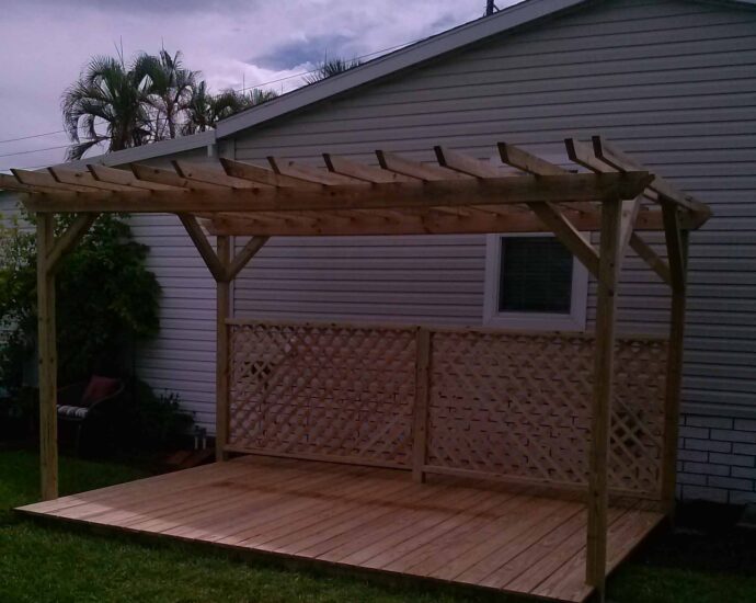 brand new deck made out of pine, with pergola